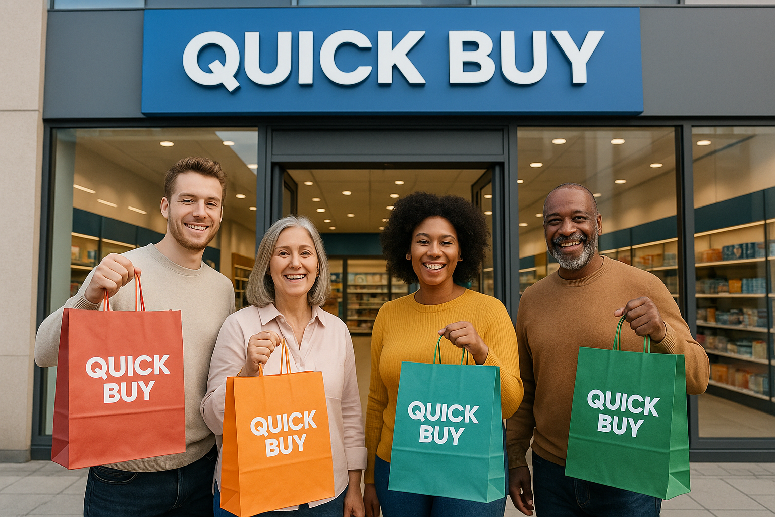 people in front of a store called quick buy and they are holding bags of quick buy and being happy